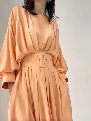 French elegant bat sleeve pleated waist midi loose swing dress - Kweai