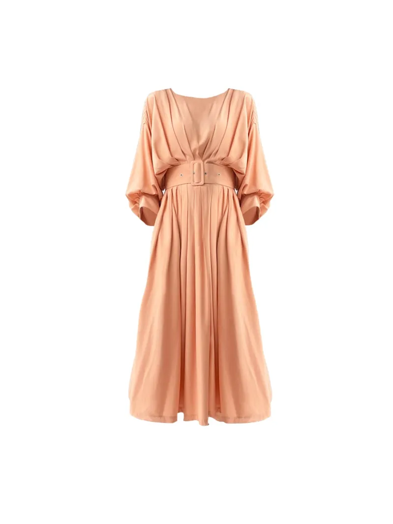 French elegant bat sleeve pleated waist midi loose swing dress - Kweai