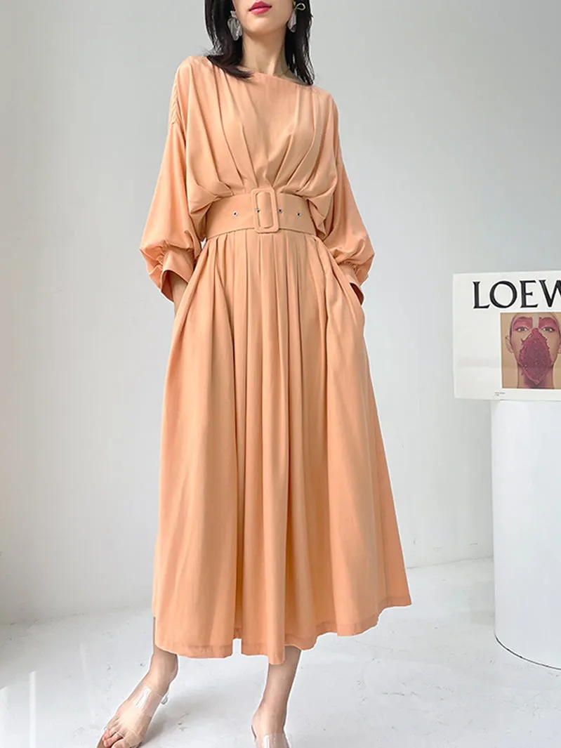 French elegant bat sleeve pleated waist midi loose swing dress - Kweai