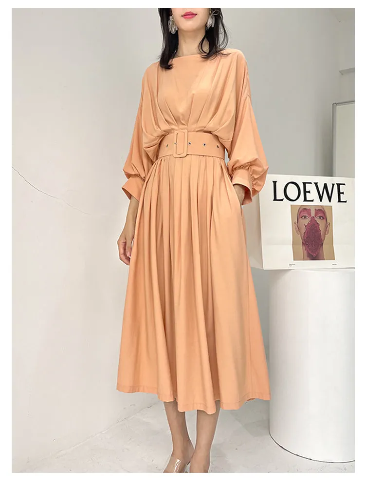 French elegant bat sleeve pleated waist midi loose swing dress - Kweai