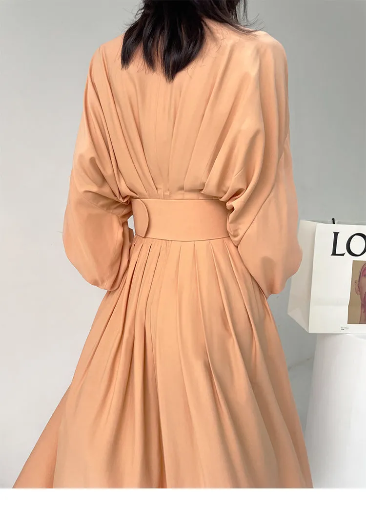 French elegant bat sleeve pleated waist midi loose swing dress - Kweai