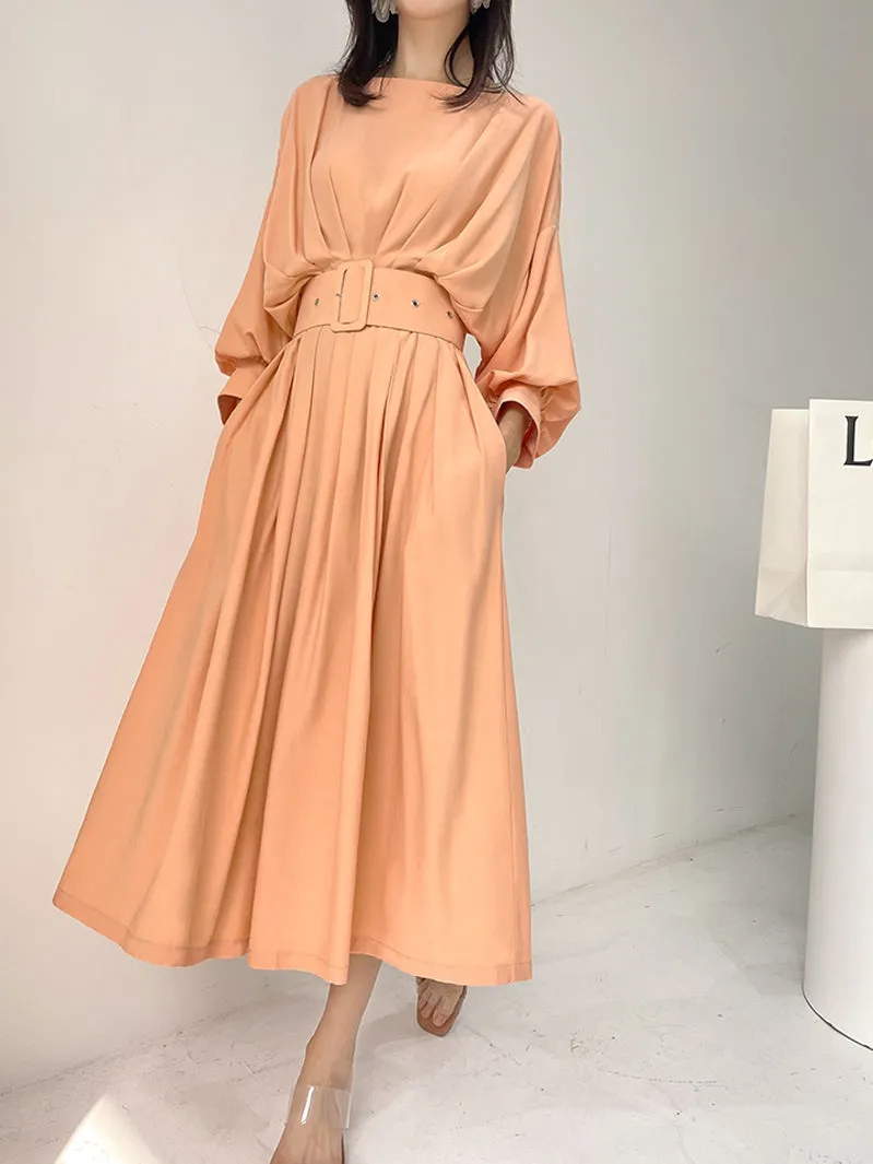 French elegant bat sleeve pleated waist midi loose swing dress - Kweai