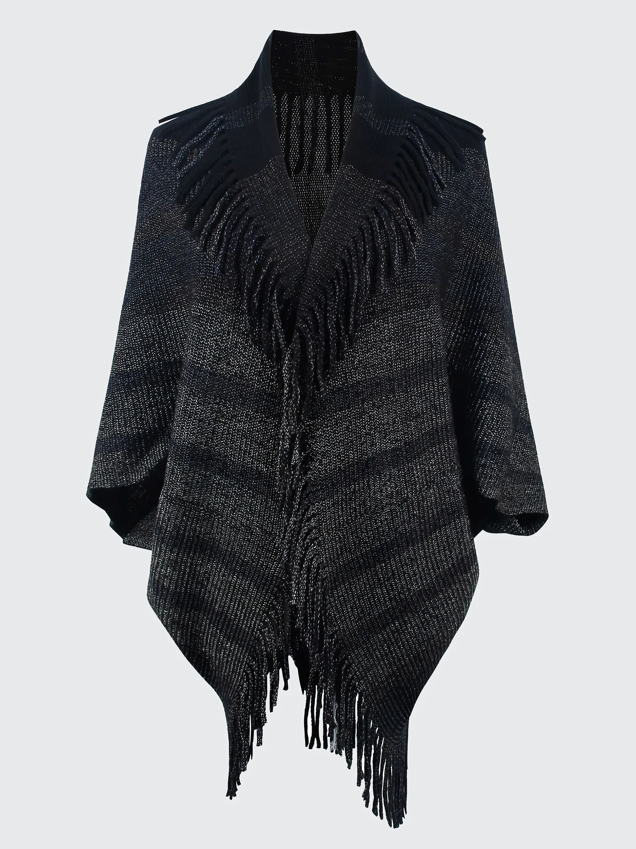 Fringe Detail Open Front Knitted Poncho