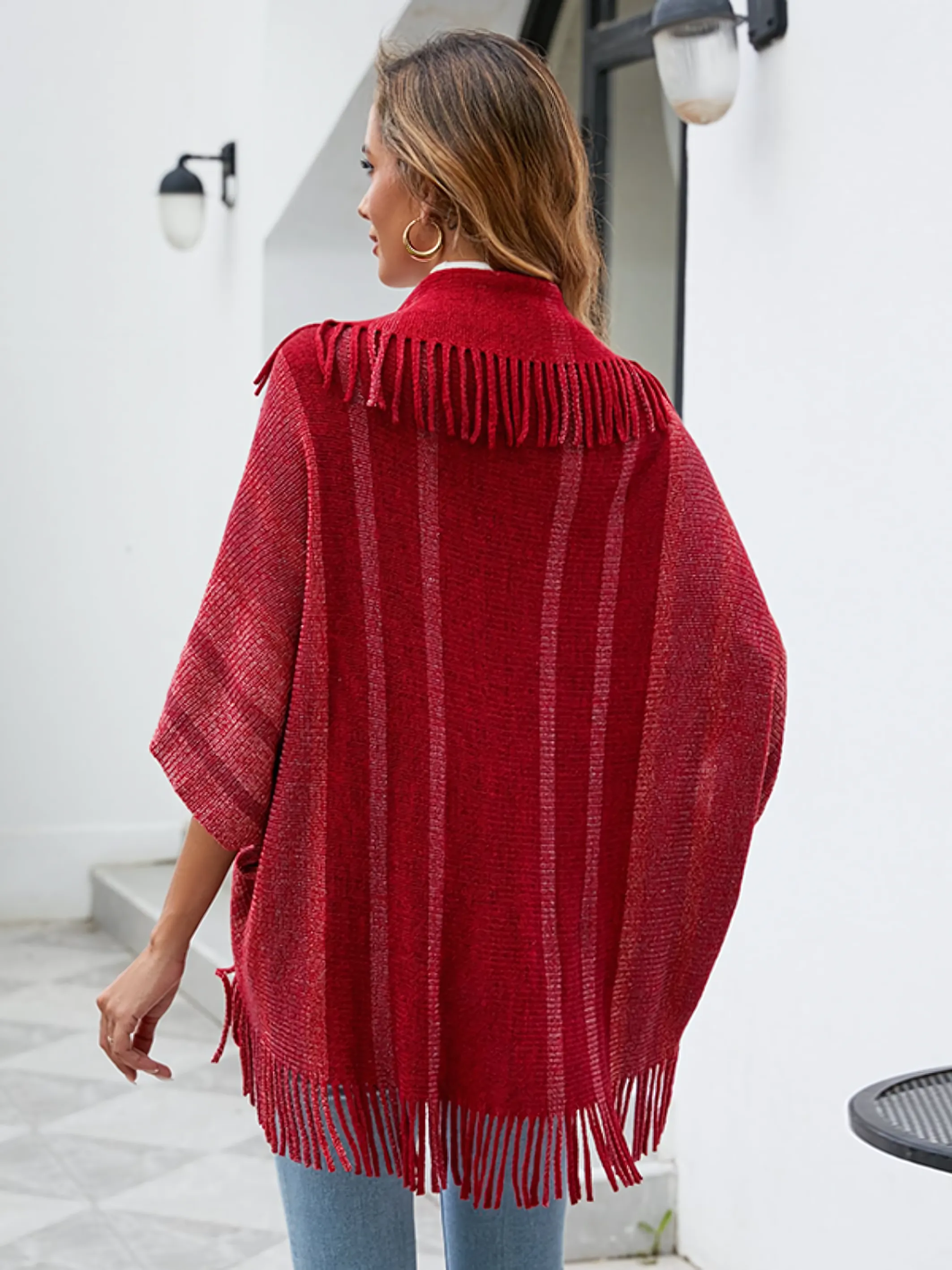 Fringe Detail Open Front Knitted Poncho