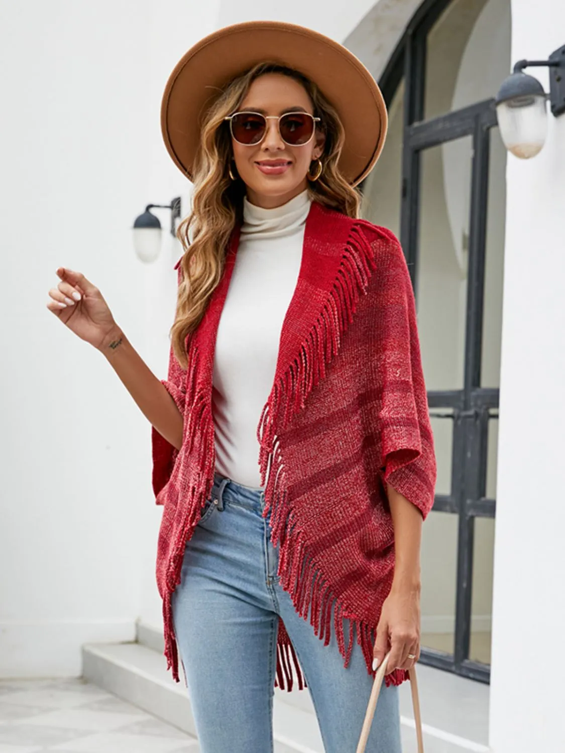 Fringe Detail Open Front Knitted Poncho