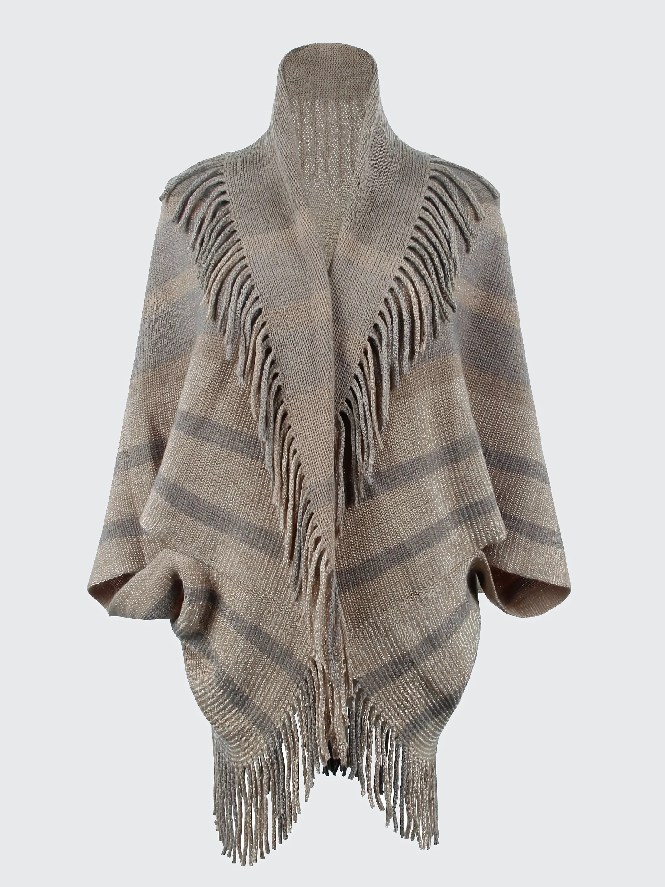 Fringe Detail Open Front Knitted Poncho