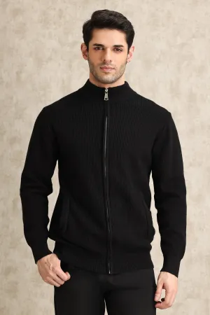 FULL-ZIP MOCK NECK SWEATER-BLACK