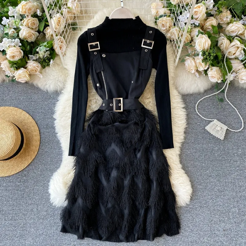 Fur Belted Dress With Knitted Top