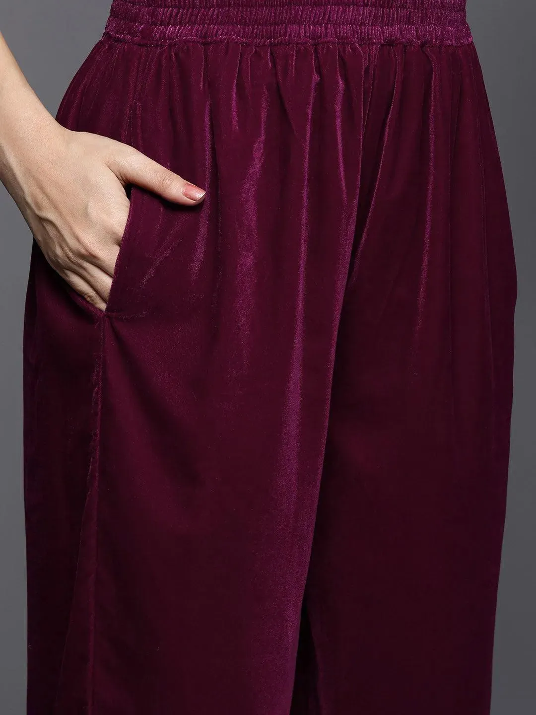 Fuschia Yoke Design Velvet A-Line Kurta With Palazzos & Dupatta