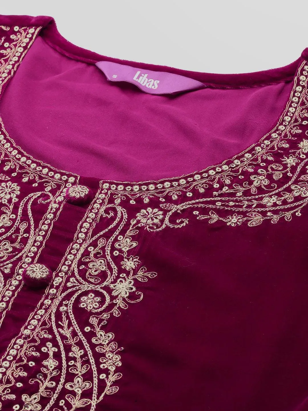 Fuschia Yoke Design Velvet A-Line Kurta With Palazzos & Dupatta