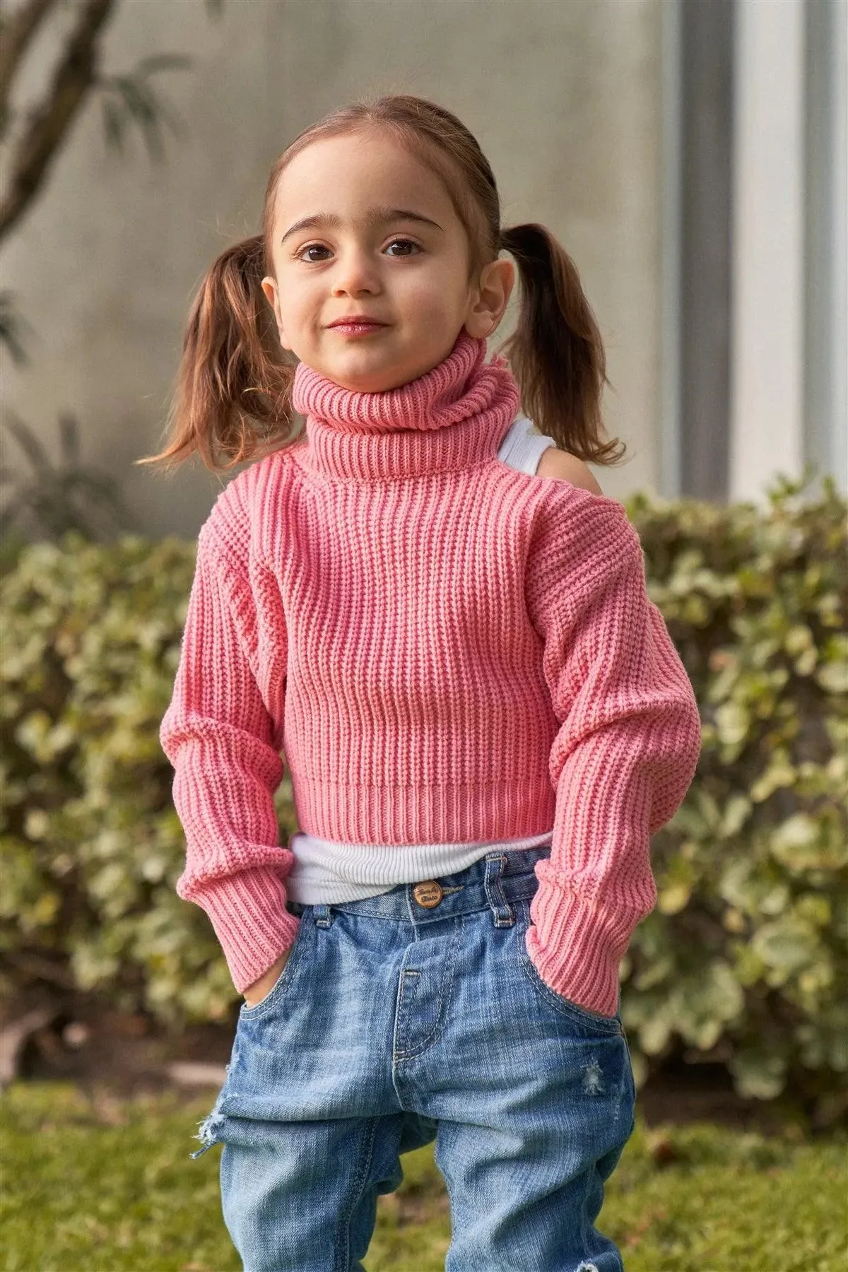 Girls Pink Cut-Out Shoulder Turtleneck Sweater /1-2-1-2