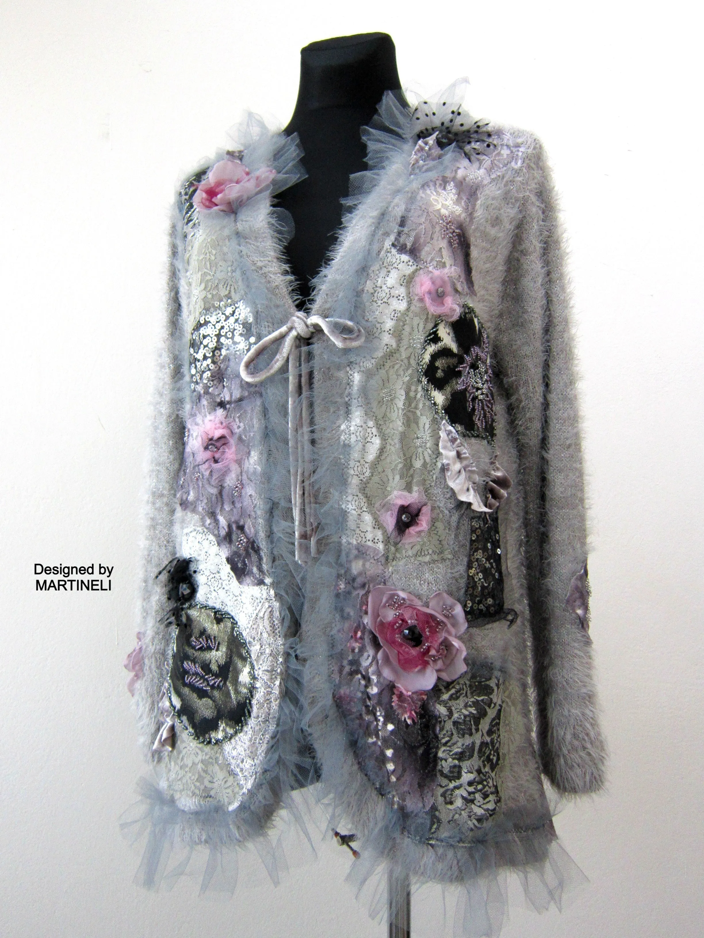 Gray Knit Cardigan Sweater,XL Warm Faux Fur Embroidered Cardigan