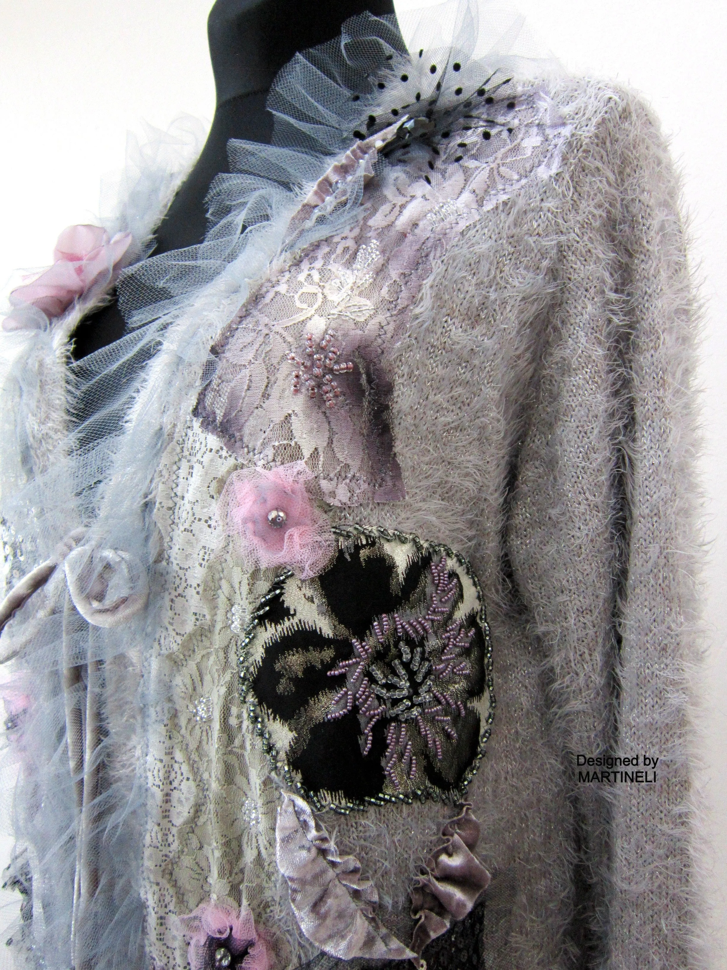 Gray Knit Cardigan Sweater,XL Warm Faux Fur Embroidered Cardigan