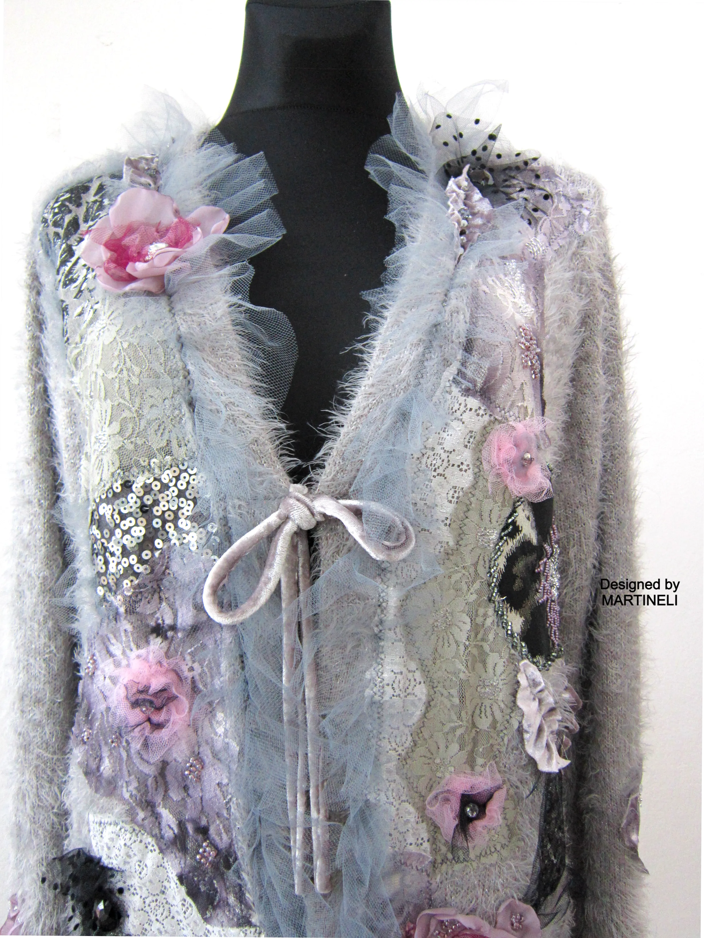 Gray Knit Cardigan Sweater,XL Warm Faux Fur Embroidered Cardigan