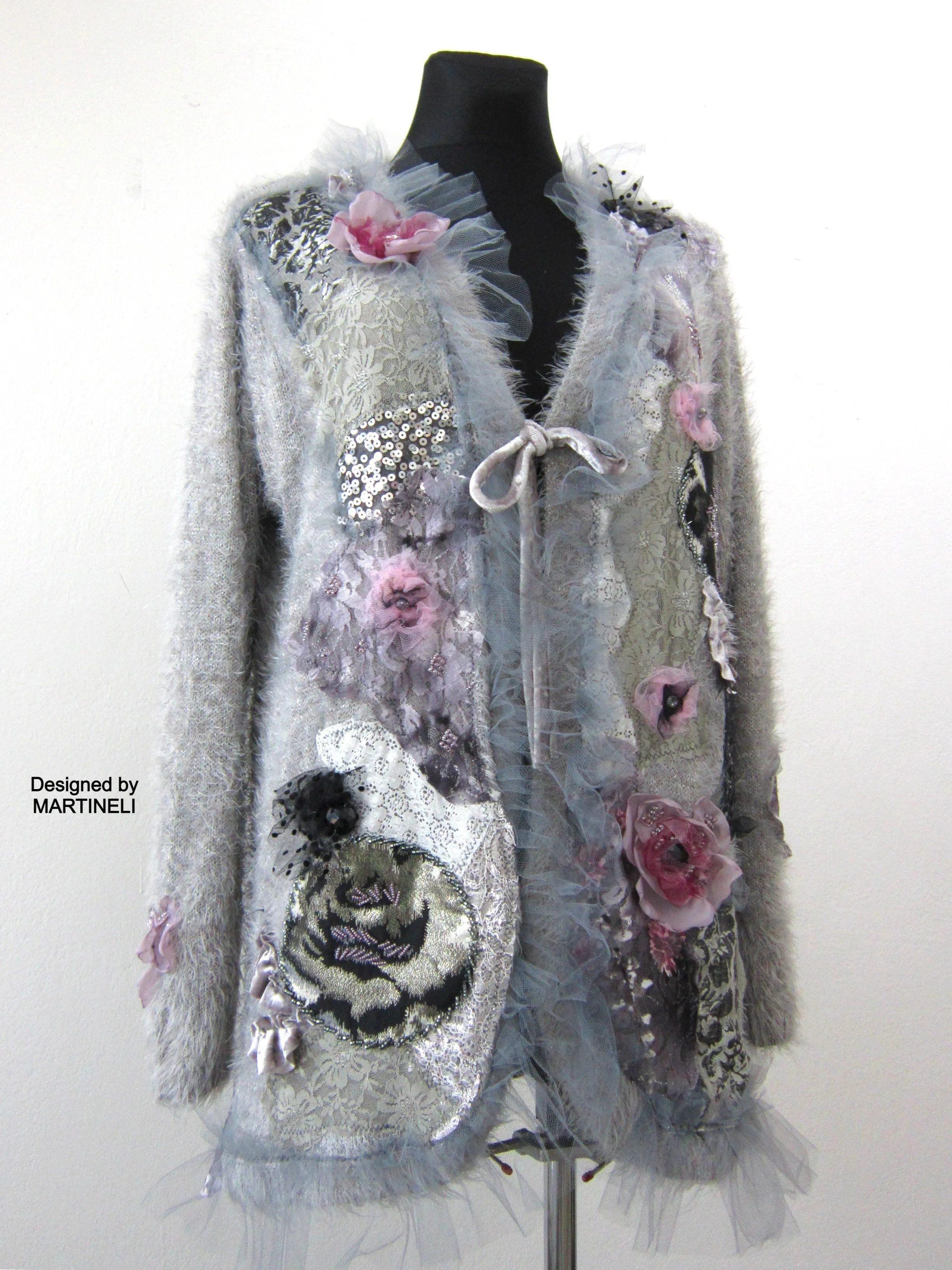 Gray Knit Cardigan Sweater,XL Warm Faux Fur Embroidered Cardigan