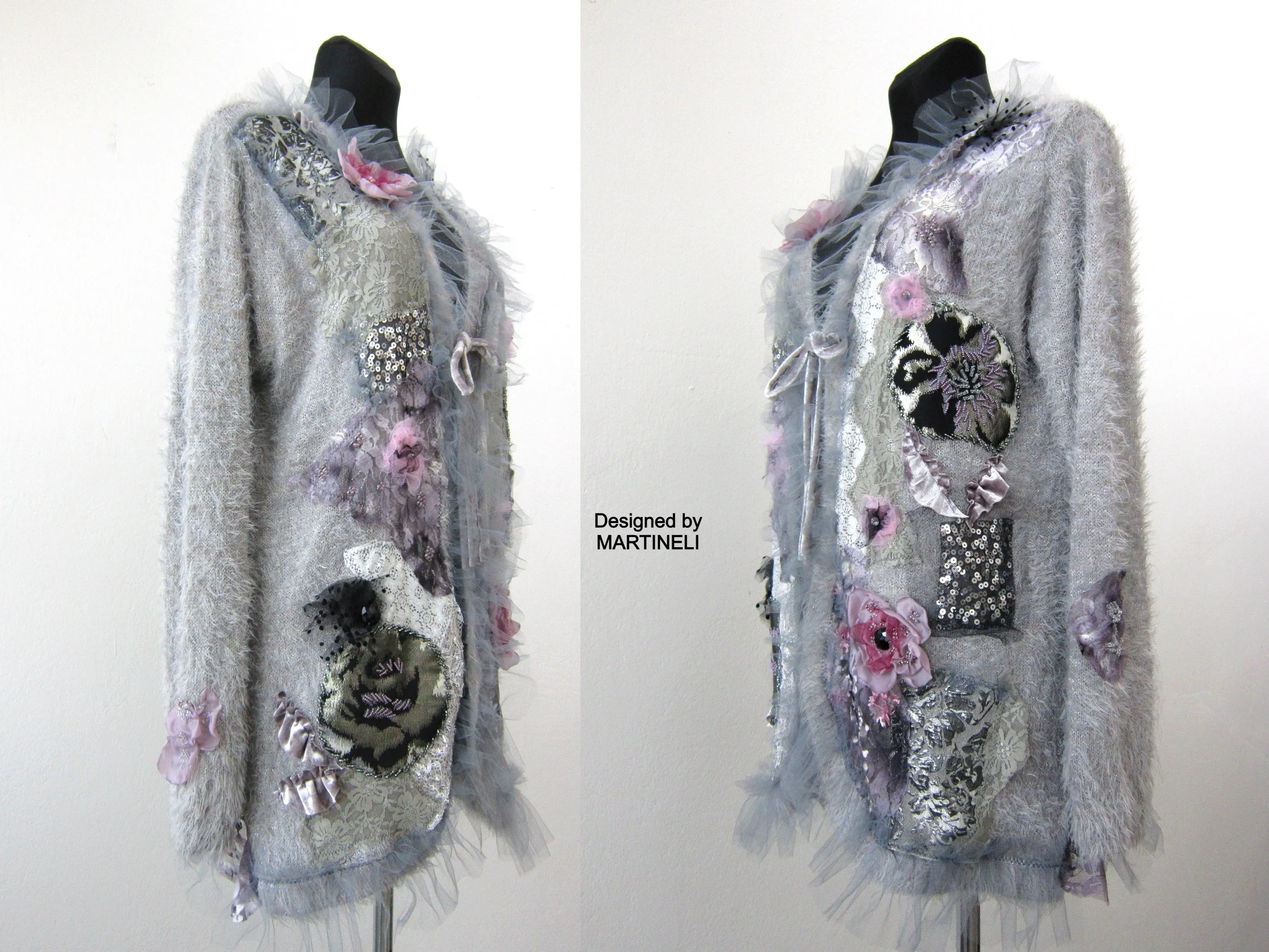 Gray Knit Cardigan Sweater,XL Warm Faux Fur Embroidered Cardigan