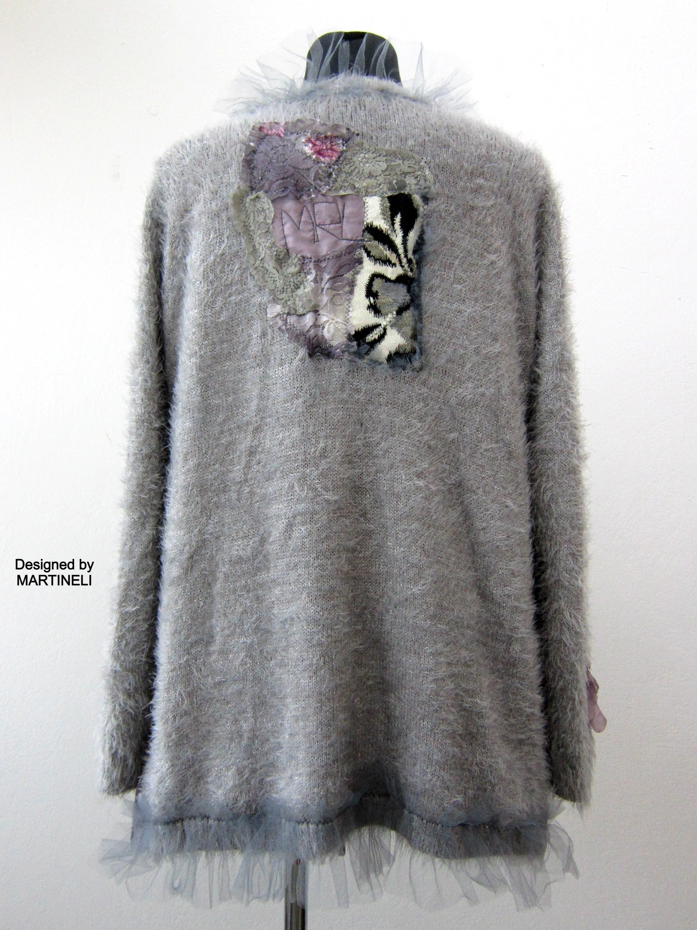 Gray Knit Cardigan Sweater,XL Warm Faux Fur Embroidered Cardigan