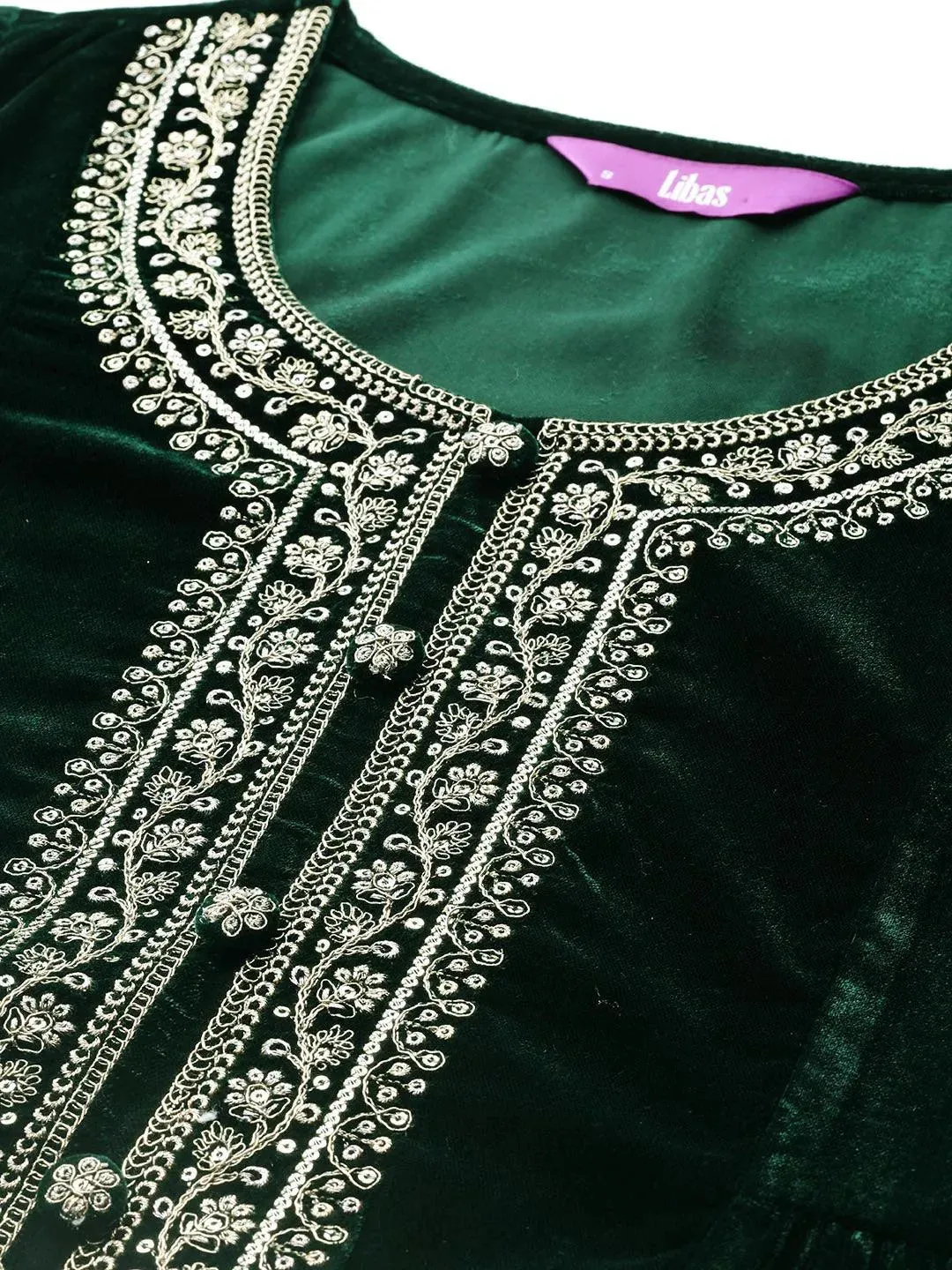 Green Yoke Design Velvet A-Line Kurta With Palazzos & Dupatta