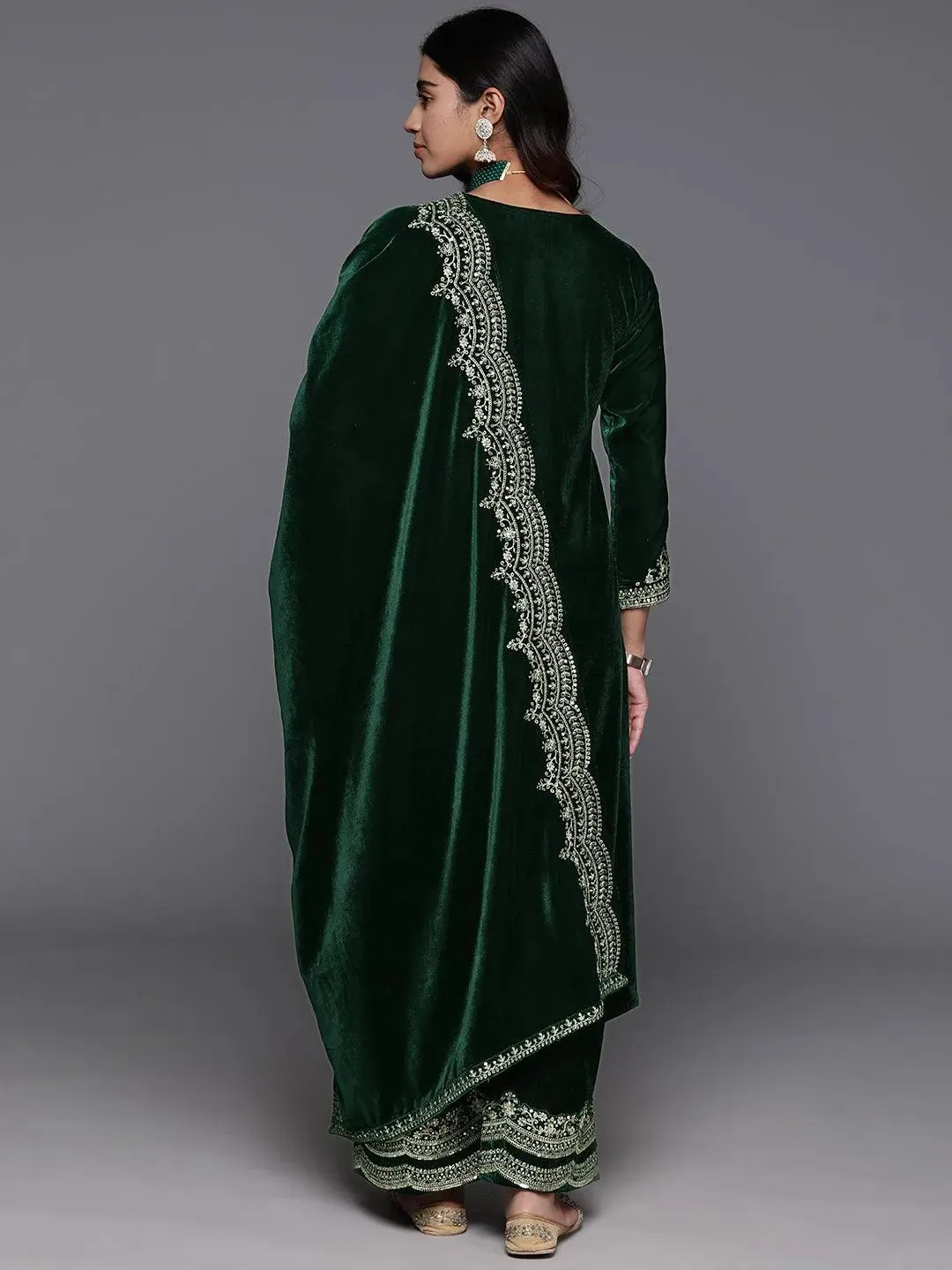 Green Yoke Design Velvet A-Line Kurta With Palazzos & Dupatta