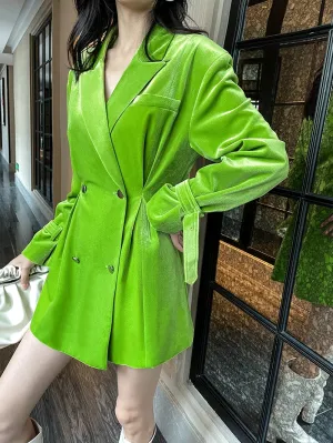 high-end bright green velvet suit waist pleate jacket dress - Doeai