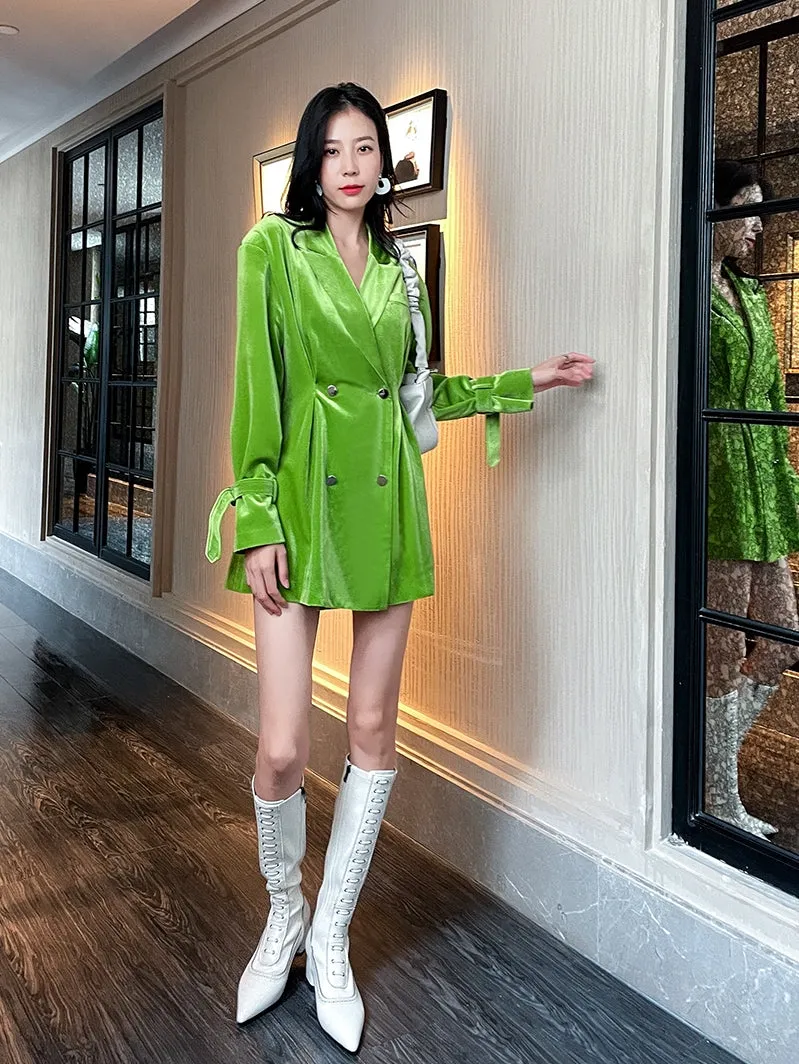 high-end bright green velvet suit waist pleate jacket dress - Doeai