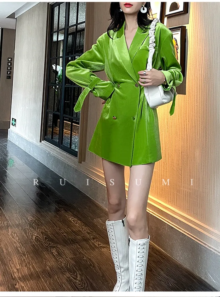 high-end bright green velvet suit waist pleate jacket dress - Doeai