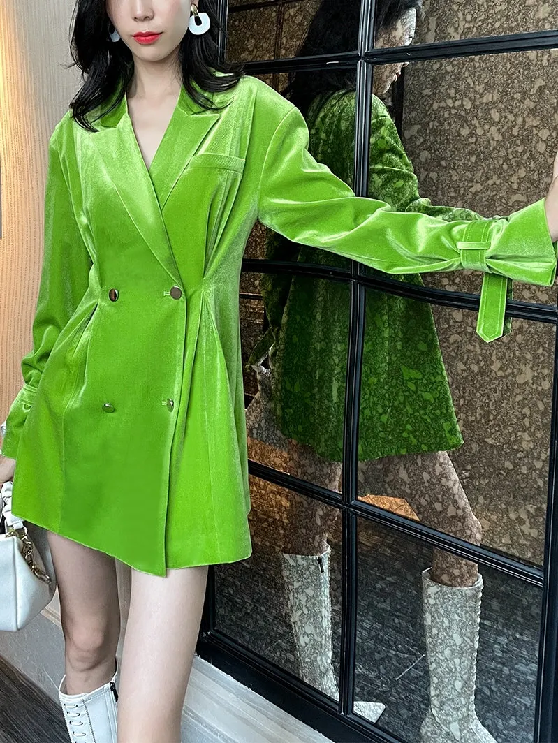 high-end bright green velvet suit waist pleate jacket dress - Doeai