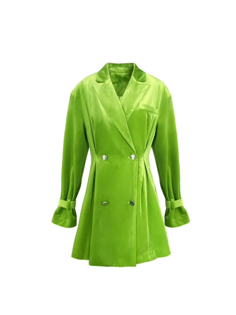 high-end bright green velvet suit waist pleate jacket dress - Doeai