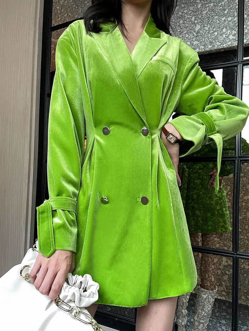 high-end bright green velvet suit waist pleate jacket dress - Doeai