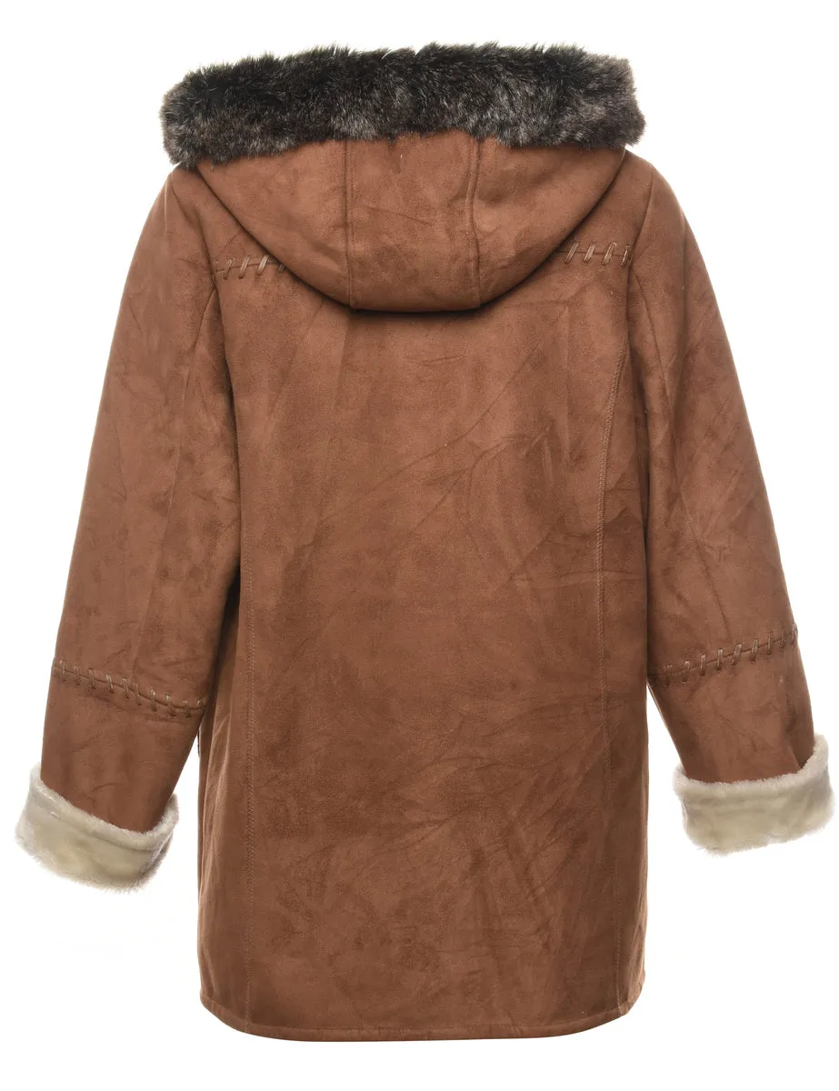 Hooded Brown Shearling Parka - M