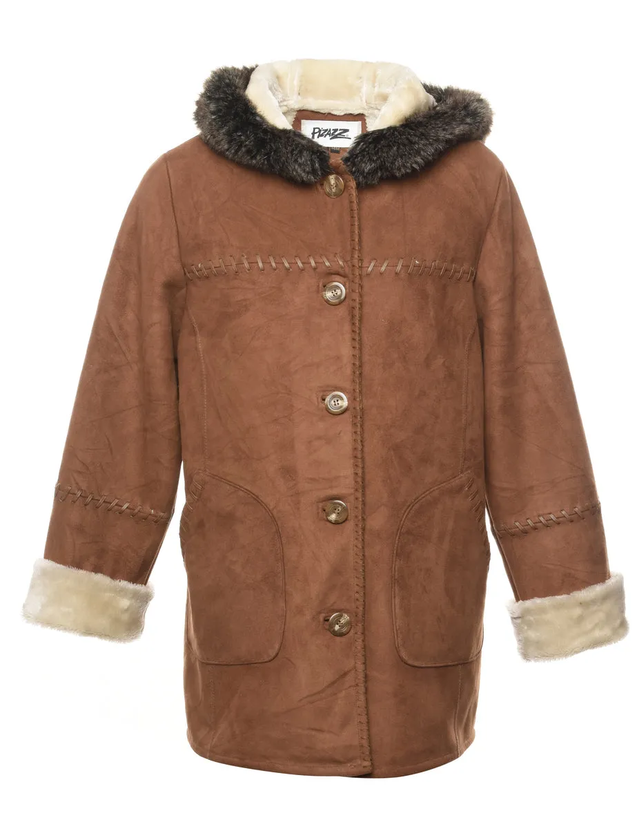 Hooded Brown Shearling Parka - M