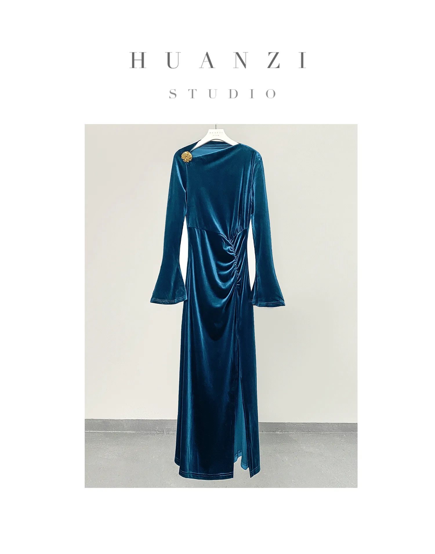 Huanzi new elegant slanted collar acetate velvet waist slit dress mid-length female- Eli