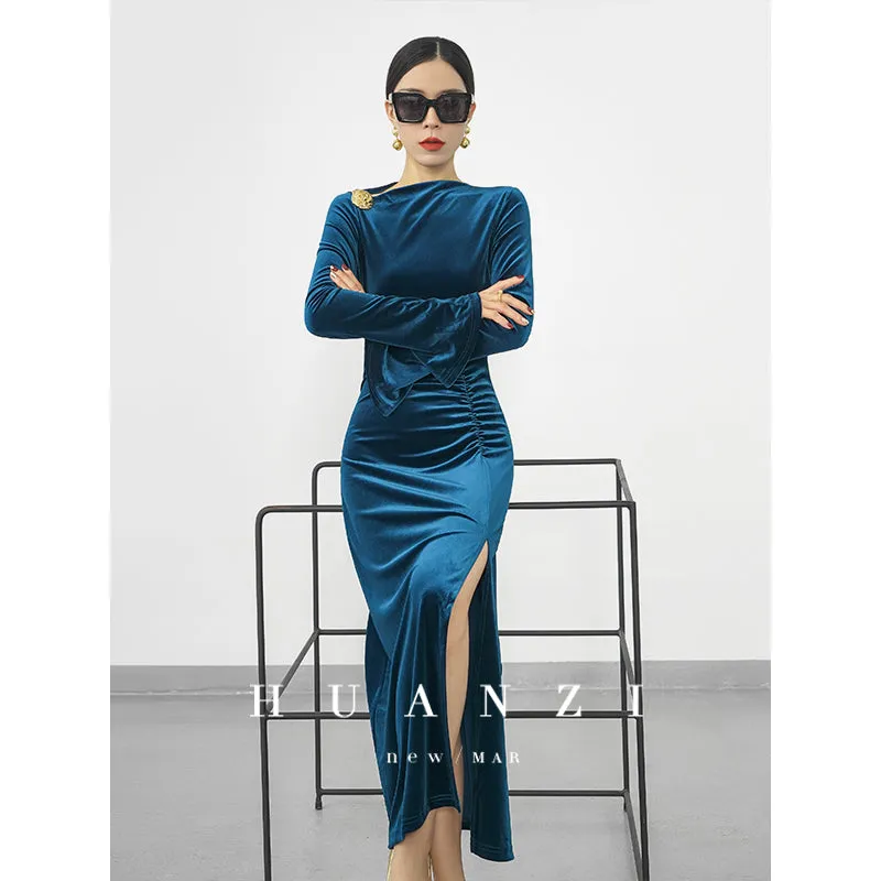 Huanzi new elegant slanted collar acetate velvet waist slit dress mid-length female- Eli