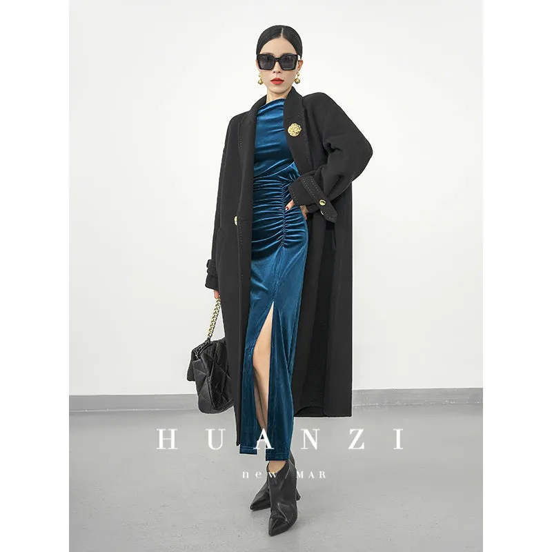 Huanzi new elegant slanted collar acetate velvet waist slit dress mid-length female- Eli