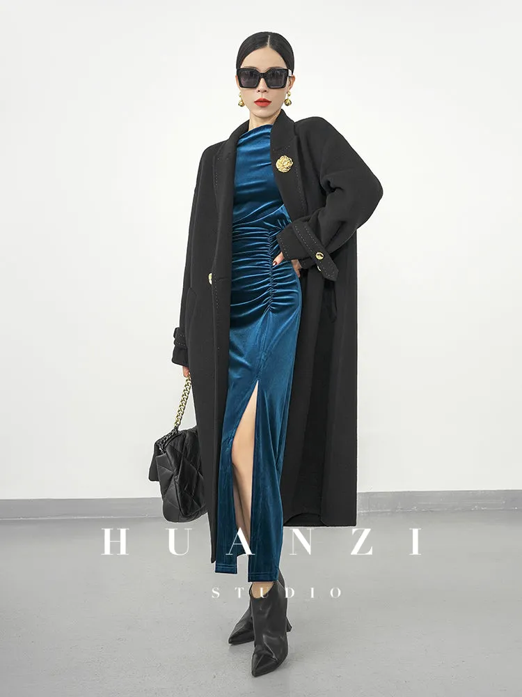 Huanzi new elegant slanted collar acetate velvet waist slit dress mid-length female- Eli