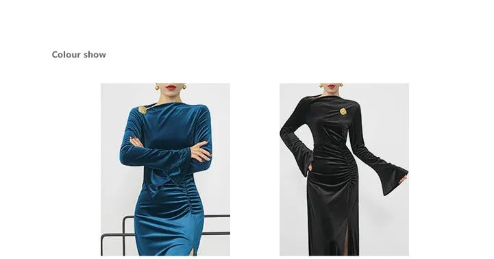 Huanzi new elegant slanted collar acetate velvet waist slit dress mid-length female- Eli