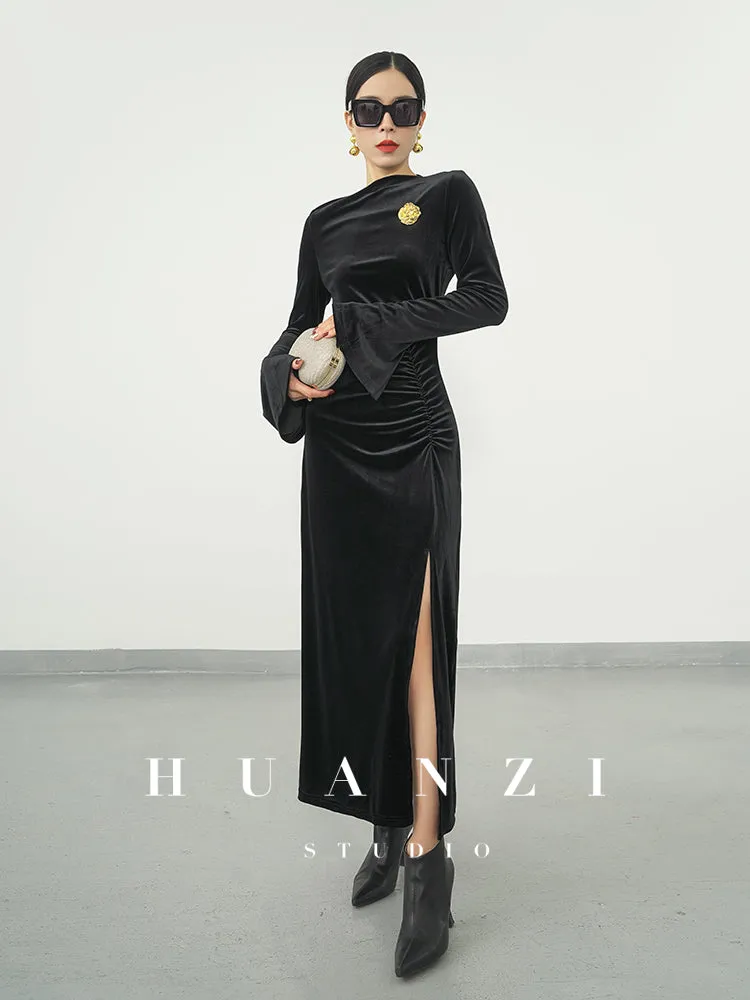 Huanzi new elegant slanted collar acetate velvet waist slit dress mid-length female- Eli