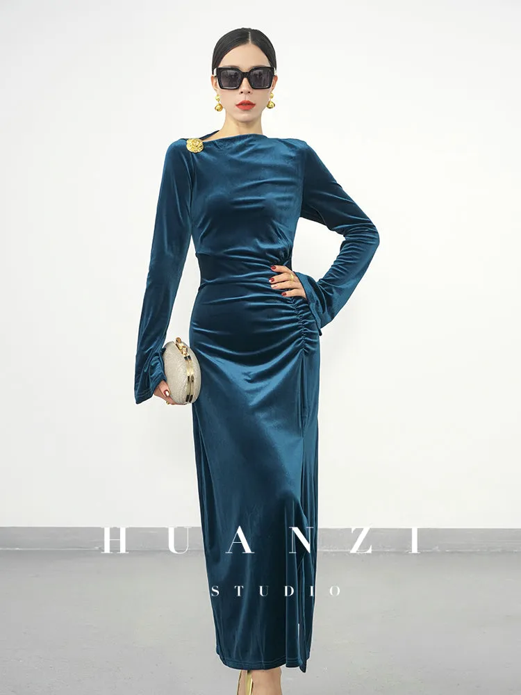 Huanzi new elegant slanted collar acetate velvet waist slit dress mid-length female- Eli