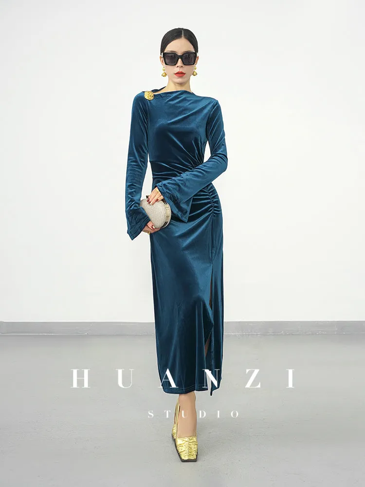 Huanzi new elegant slanted collar acetate velvet waist slit dress mid-length female- Eli