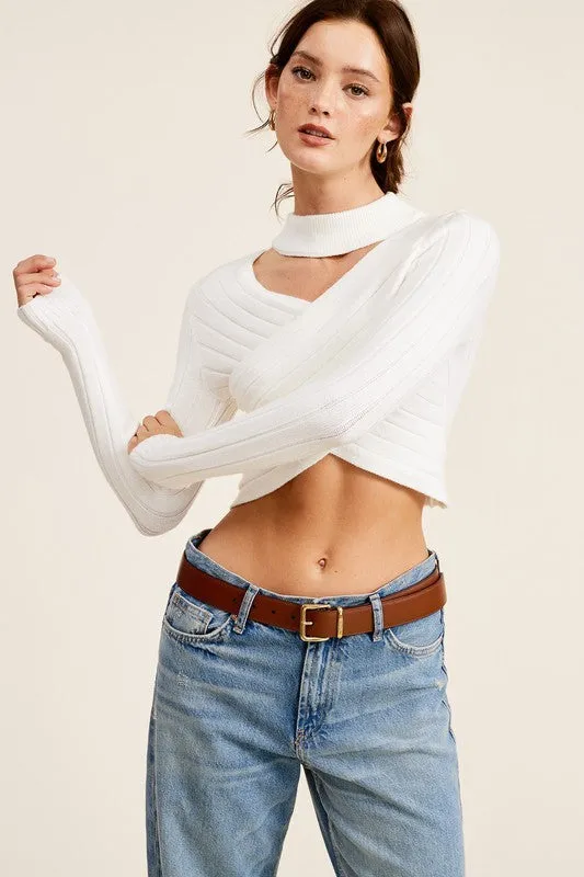 Ivory Overlap Knit Mock Neck Crop Sweater Top