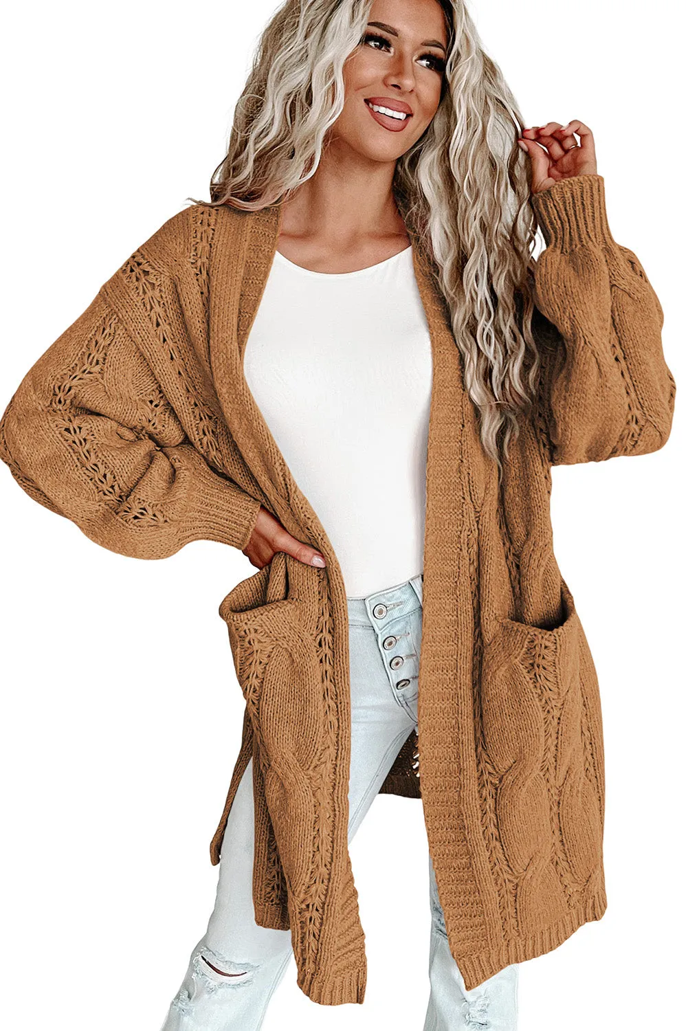 Khaki Ribbed Trim Eyelet Cable Knit Cardigan