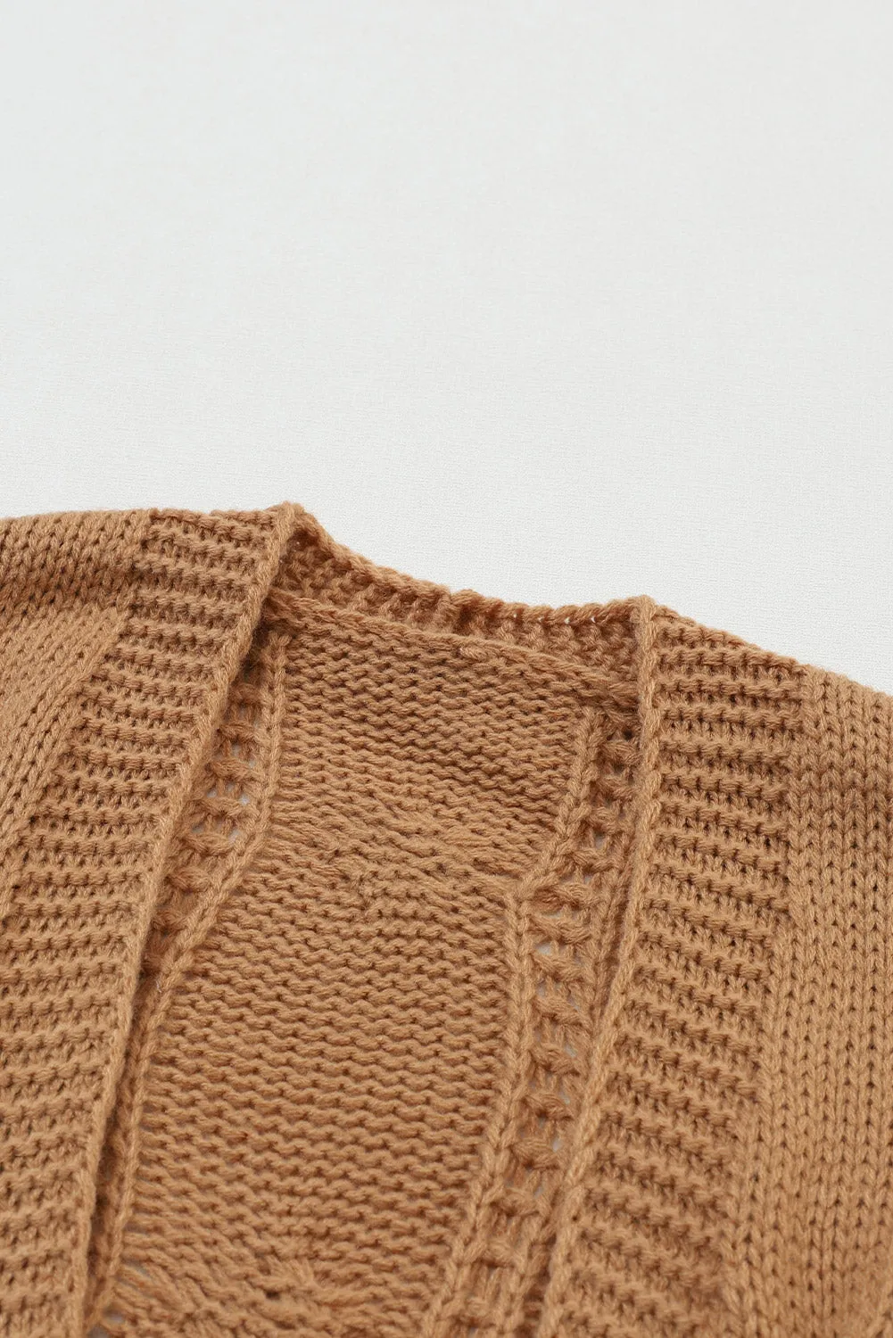 Khaki Ribbed Trim Eyelet Cable Knit Cardigan