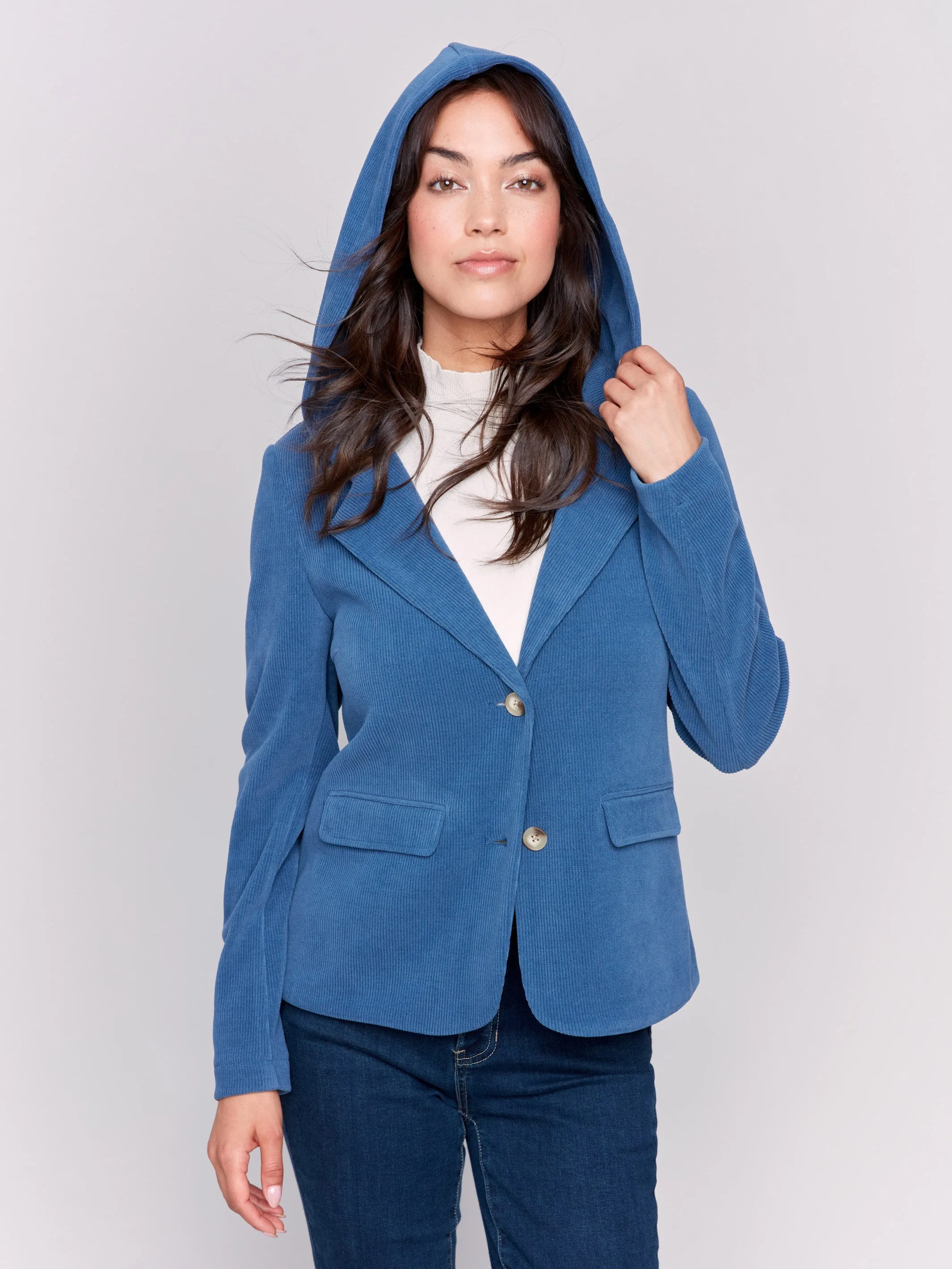 Knit Corduroy Blazer With Hood - Denim