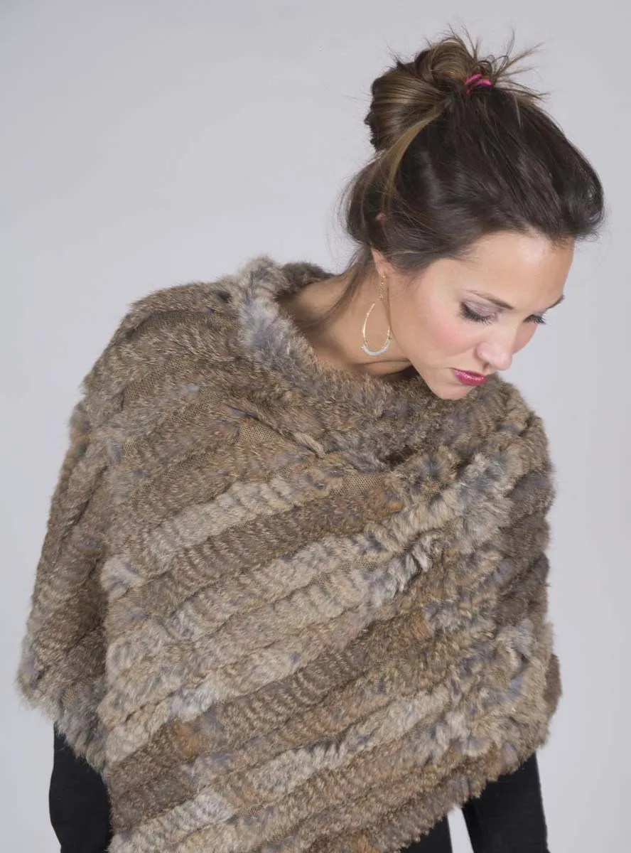 Knitted Rabbit Fur Poncho with Fringe