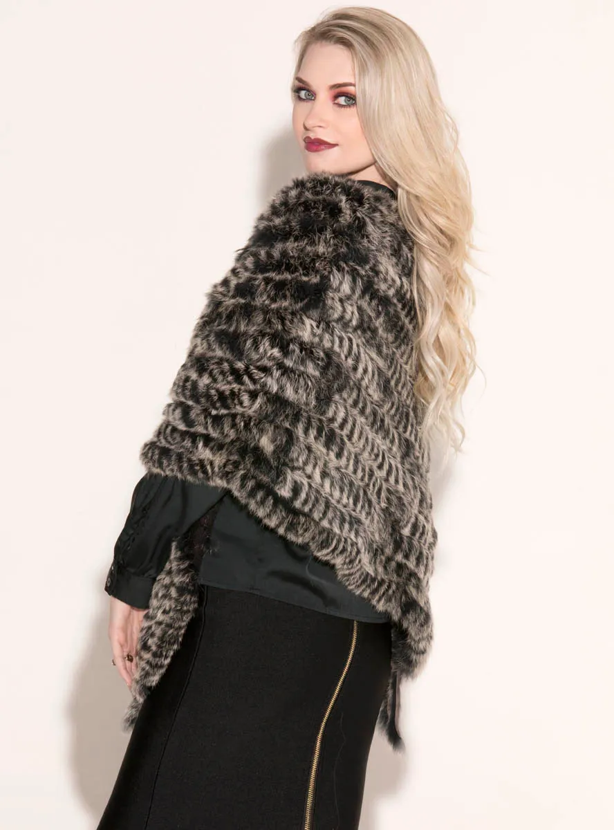 Knitted Rabbit Fur Poncho with Fringe