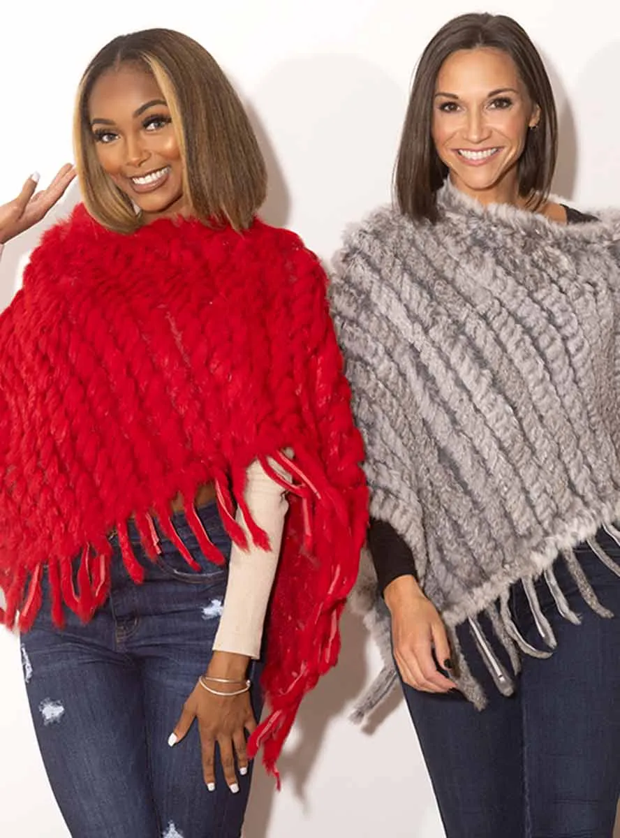 Knitted Rabbit Fur Poncho with Fringe