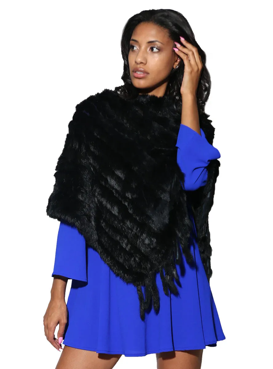 Knitted Rabbit Fur Poncho with Fringe