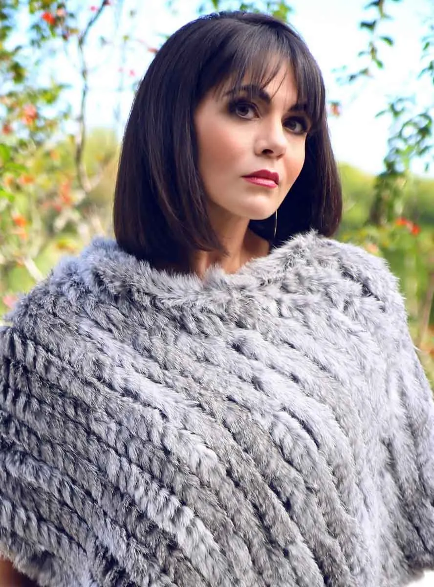 Knitted Rabbit Fur Poncho with Fringe