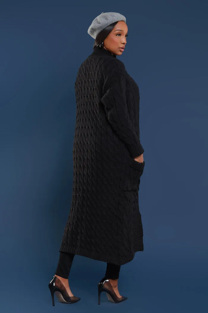 Know Your Worth Longline Cable Knit Cardigan - Black