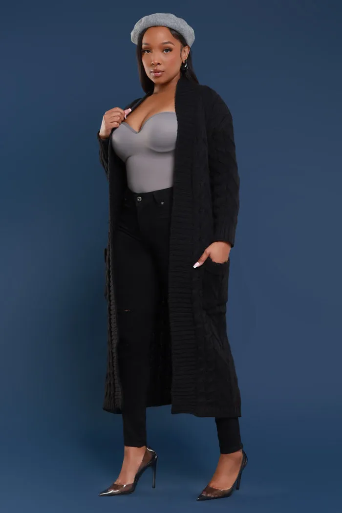 Know Your Worth Longline Cable Knit Cardigan - Black